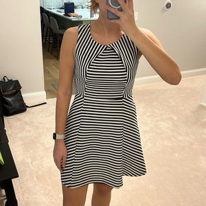 Black and white striped structured fit and flare dress